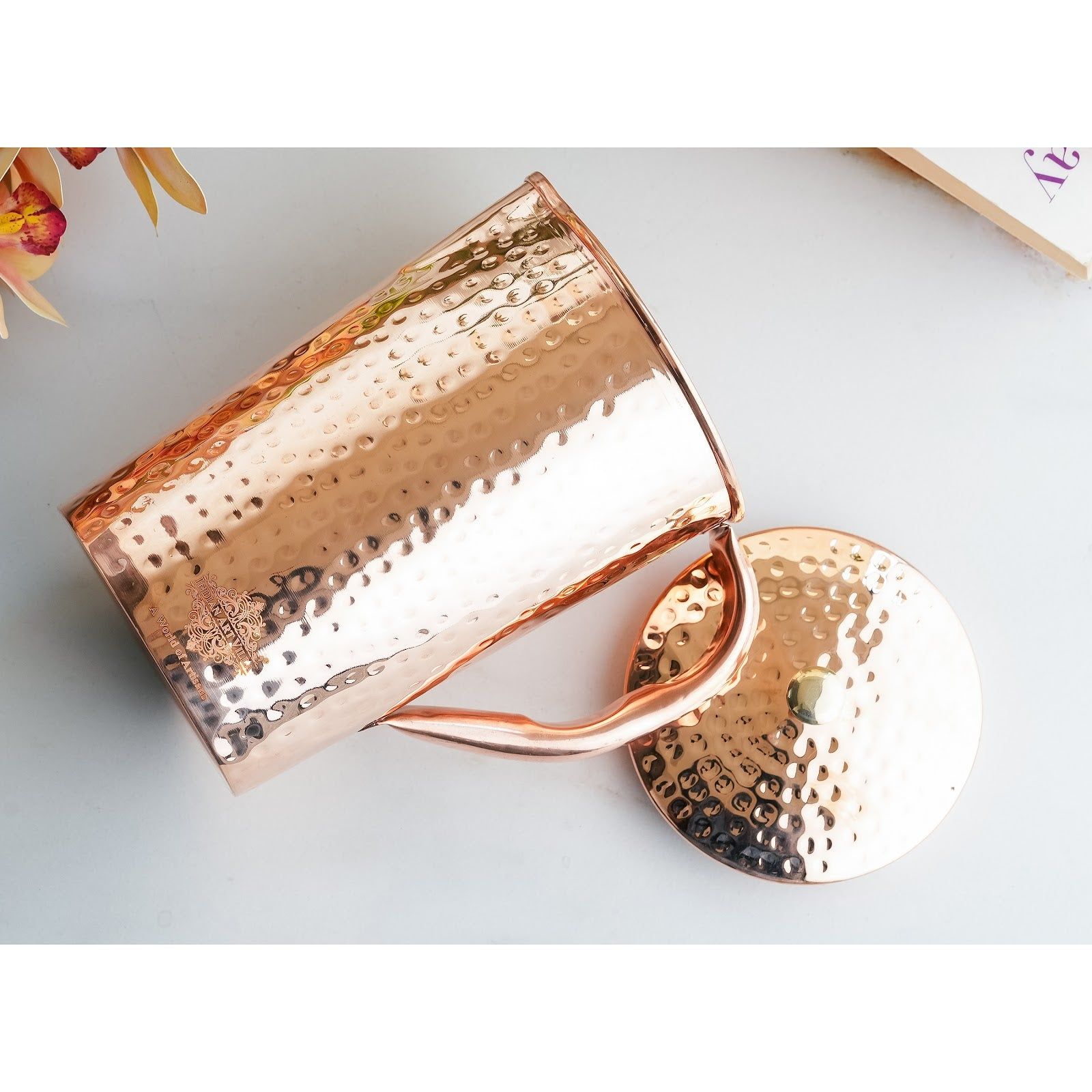 Pure copper hammered antique design jug, pitcher with brass knob on lid hammered, 2000 ML